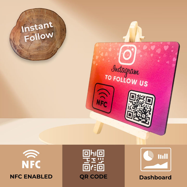 Wooden Instagrm NFC Standee with QR Code (With Wooden Stand) | Boost Business Reviews with Tap or Scan | Pre-Configured | UV Printed Wood MDF | 4 Inches x 5 Inches | With Dashboard