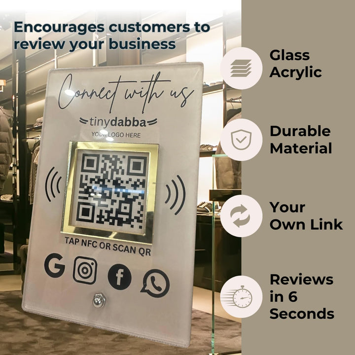 Premium All in One Custom Review NFC Standee with QR Code | Boost Business Reviews with Tap or Scan | Pre-Configured | UV Printed Acrylic | 4 Inches x 6 Inches | With Dashboard