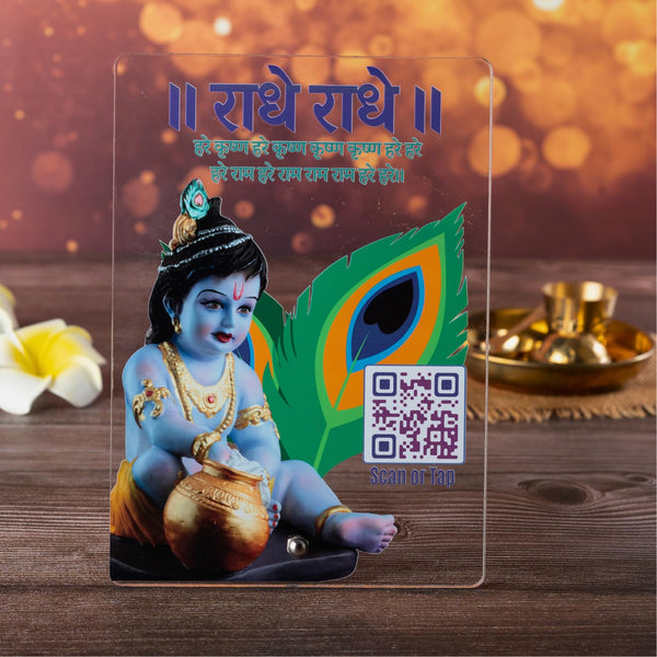 Krishna Photo Frame with QR & NFC | Tap or Scan to Play Music, Videos & Read Bhagavad Gita | Divine Gift for Devotees | Elegant Design | 6x9 Inches | UV Printed Acrylic