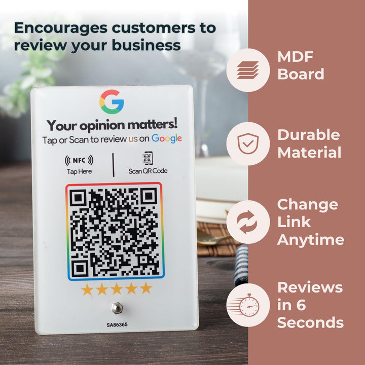 Wooden (White Printed) Review NFC Standee with QR Code | Boost Business Reviews with Tap or Scan | Pre-Configured | UV Printed Acrylic | 4 Inches x 6 Inches | With Dashboard | Only for Indoor Use