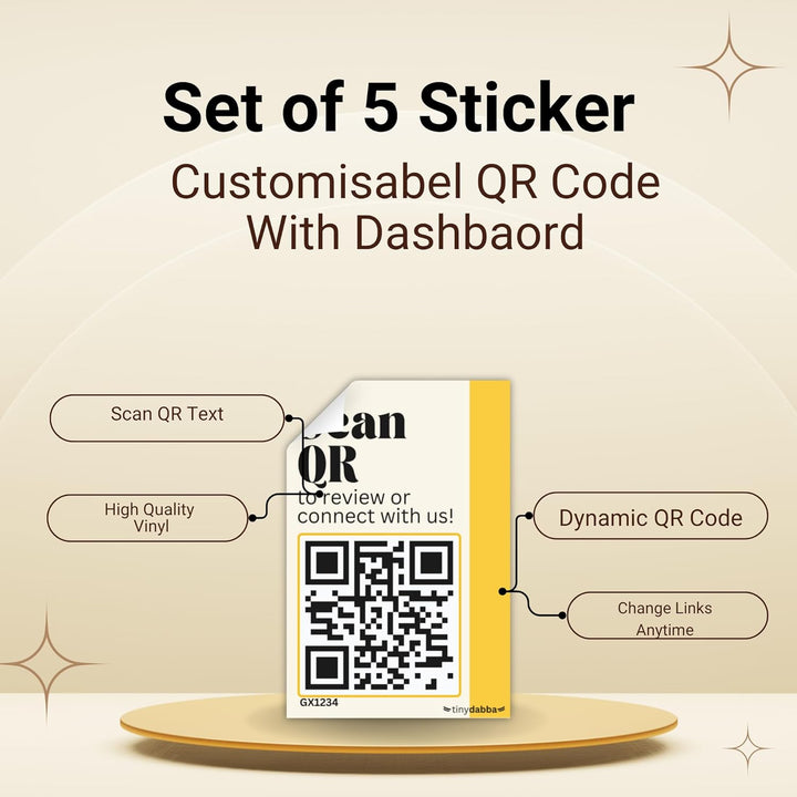 tinydabba Dynamic QR Code Stickers – Set of 5 Customizable 2x3 Inches Stickers with Dashboard – Scan to Connect, Review, Bio Links for Shops, Packaging, Restaurants, Offices