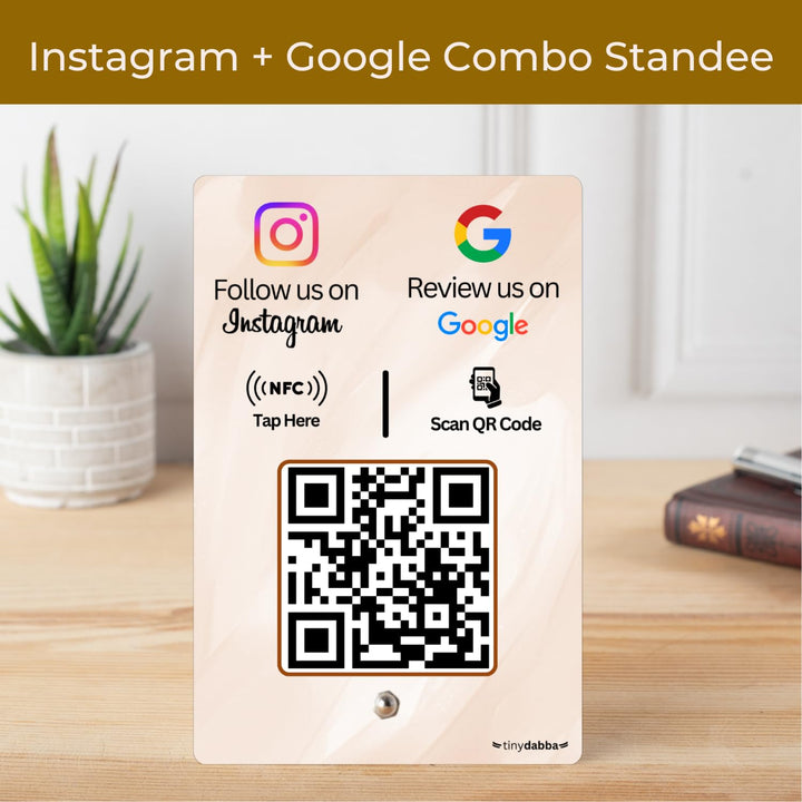 Review + Instagram 2-in-1 combo NFC Standee with QR Code | Boost Business Reviews with Tap or Scan | Pre-Configured | UV Printed Acrylic | 4 Inches x 6 Inches | With Dashboard