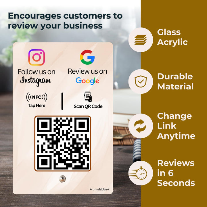 Review + Instagram 2-in-1 combo NFC Standee with QR Code | Boost Business Reviews with Tap or Scan | Pre-Configured | UV Printed Acrylic | 4 Inches x 6 Inches | With Dashboard