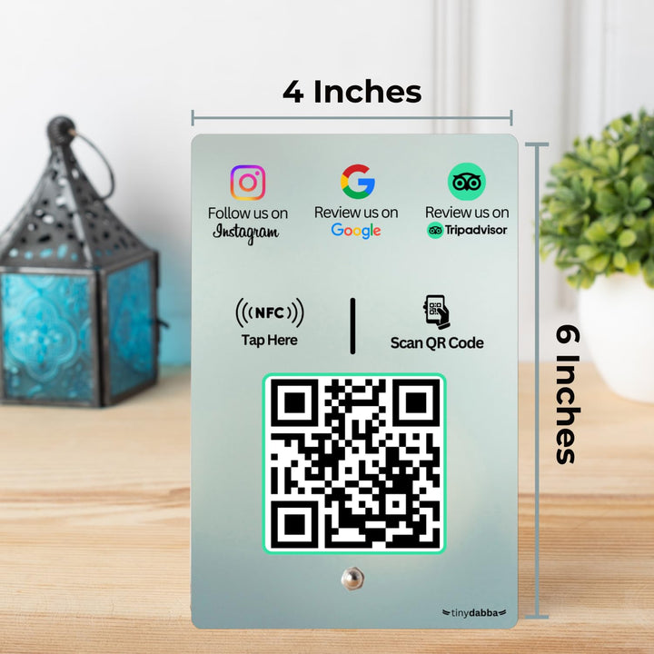 Instgram + Review + tripadvisor 3-in-1 combo NFC Standee with QR Code | Boost Business Reviews with Tap or Scan | Pre-Configured | UV Printed Acrylic | 4 Inches x 6 Inches | With Dashboard