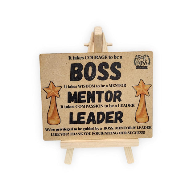 tinydabba Wooden Desk Plaque with Easel – BOSS MENTOR LEADER Gift Plaque (4×5 Inches) – Thank You Appreciation Gift for Managers, Coaches, and Team Leaders