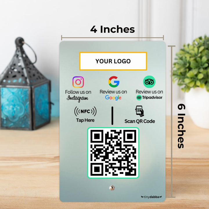 Custom Review NFC Standee with QR Code for Hotel & Cafe | 3-in-1 | Boost Business Reviews with Tap or Scan | Pre-Configured | UV Printed Acrylic | 4 Inches x 6 Inches | With Dashboard | Design Nine