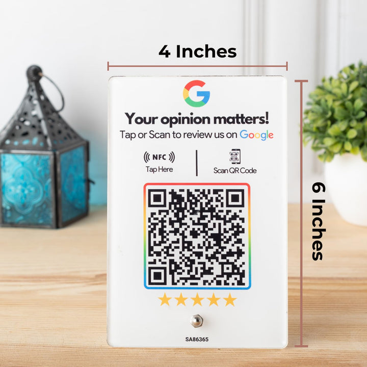 Wooden (White Printed) Review NFC Standee with QR Code | Boost Business Reviews with Tap or Scan | Pre-Configured | UV Printed Acrylic | 4 Inches x 6 Inches | With Dashboard | Only for Indoor Use