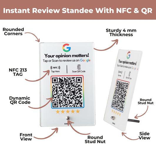 Review NFC Standee with QR Code | Boost Business Reviews with Tap or Scan | Pre-Configured | UV Printed Acrylic | 4 Inches x 6 Inches | With Dashboard