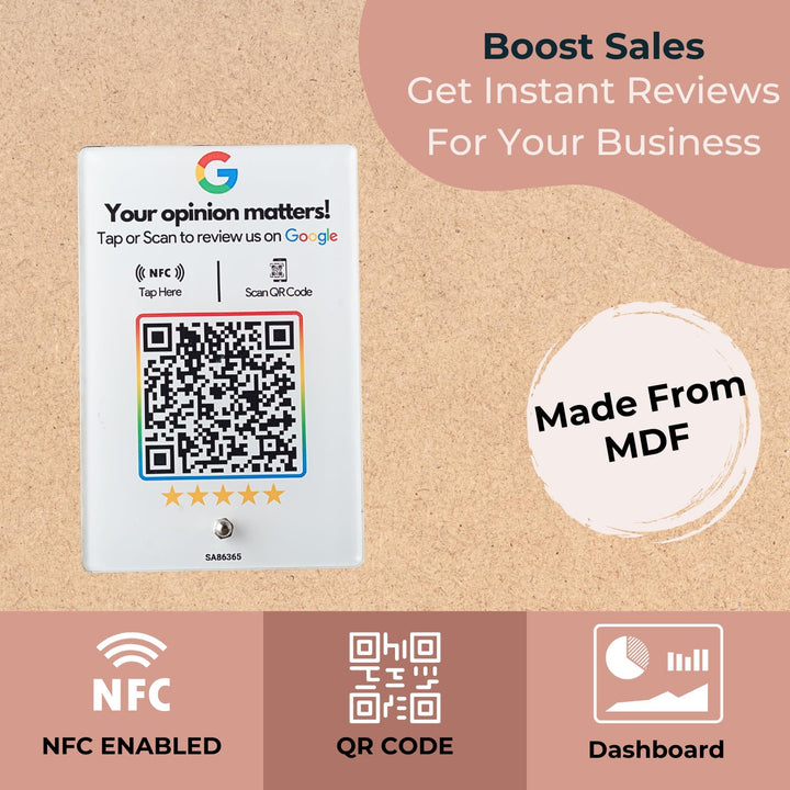 Wooden (White Printed) Review NFC Standee with QR Code | Boost Business Reviews with Tap or Scan | Pre-Configured | UV Printed Acrylic | 4 Inches x 6 Inches | With Dashboard | Only for Indoor Use