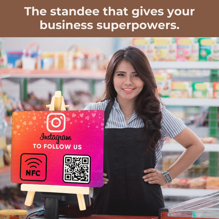 Wooden Instagrm NFC Standee with QR Code (With Wooden Stand) | Boost Business Reviews with Tap or Scan | Pre-Configured | UV Printed Wood MDF | 4 Inches x 5 Inches | With Dashboard