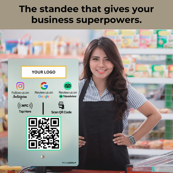 Custom Review NFC Standee with QR Code for Hotel & Cafe | 3-in-1 | Boost Business Reviews with Tap or Scan | Pre-Configured | UV Printed Acrylic | 4 Inches x 6 Inches | With Dashboard | Design Nine