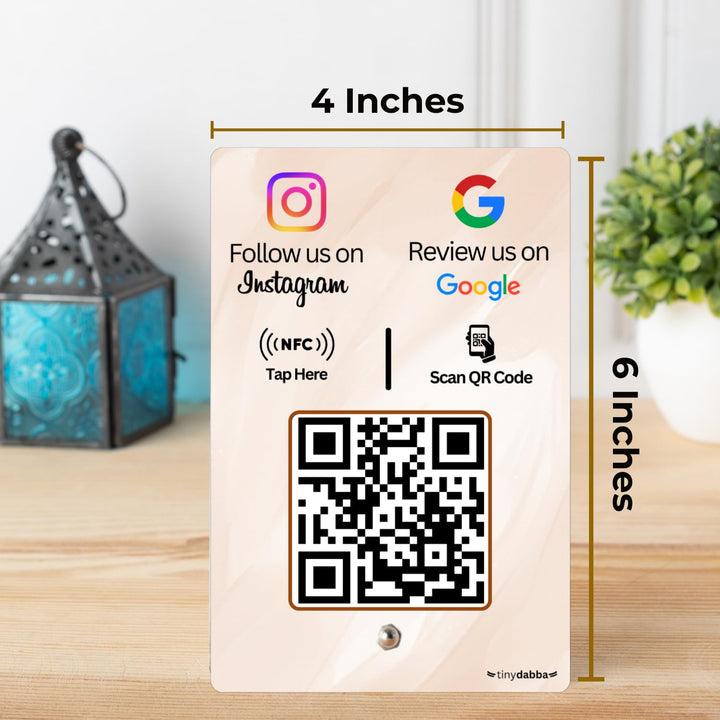 Review + Instagram 2-in-1 combo NFC Standee with QR Code | Boost Business Reviews with Tap or Scan | Pre-Configured | UV Printed Acrylic | 4 Inches x 6 Inches | With Dashboard