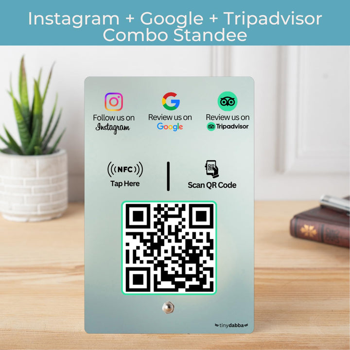 Instgram + Review + tripadvisor 3-in-1 combo NFC Standee with QR Code | Boost Business Reviews with Tap or Scan | Pre-Configured | UV Printed Acrylic | 4 Inches x 6 Inches | With Dashboard