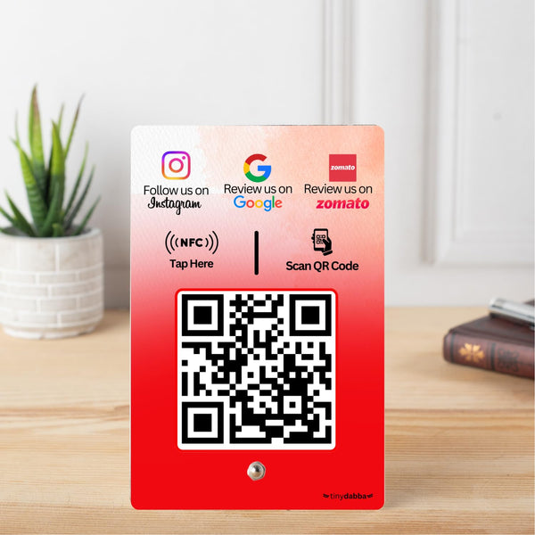 Review + Instagram + Zomato 3-in-1 combo NFC Standee with QR Code | Boost Business Reviews with Tap or Scan | Pre-Configured | UV Printed Acrylic | 4 Inches x 6 Inches | With Dashboard