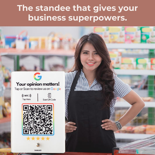 Review NFC Standee with QR Code | Boost Business Reviews with Tap or Scan | Pre-Configured | UV Printed Acrylic | 4 Inches x 6 Inches | With Dashboard