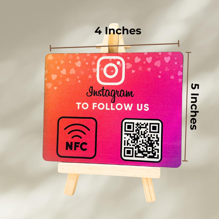 Wooden Instagrm NFC Standee with QR Code (With Wooden Stand) | Boost Business Reviews with Tap or Scan | Pre-Configured | UV Printed Wood MDF | 4 Inches x 5 Inches | With Dashboard