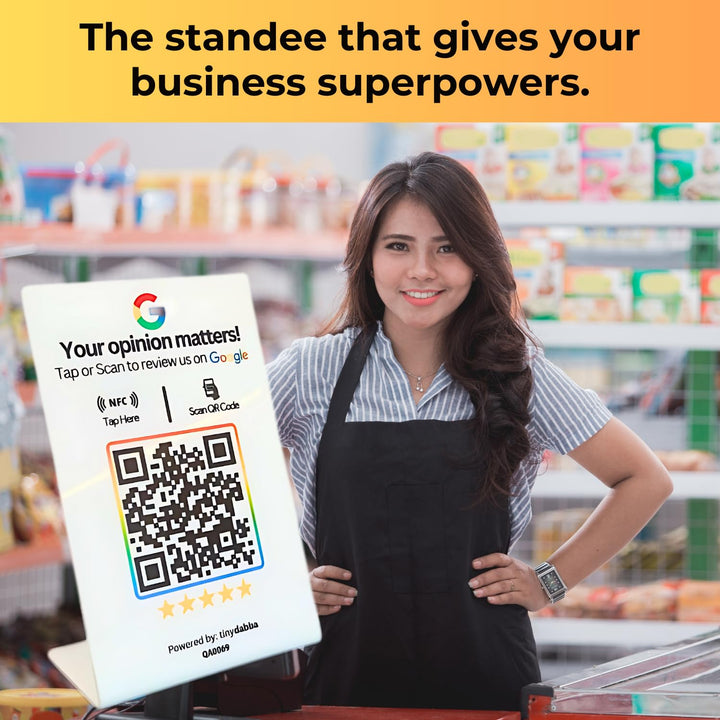 tinydabba L-shaped NFC and QR review standee for review | 2mm acrylic | UV printed | 4x6 inch | easy setup with online panel