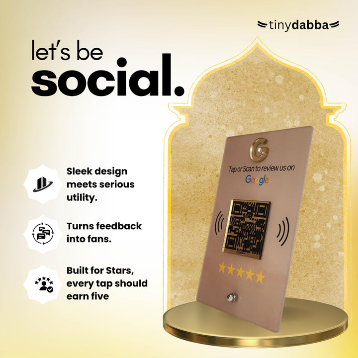tinydabba NFC & QR Tap or Scan Standee for Business | Shops, Clinics, Salons, Restaurants | Golden QR With Integrated NFC - Acrylic Standee