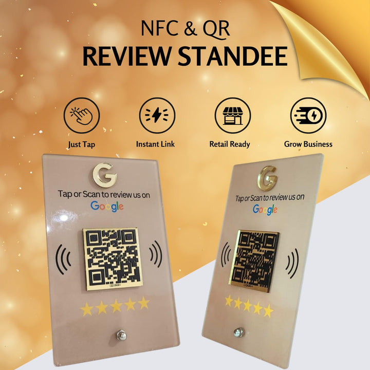 tinydabba NFC & QR Tap or Scan Standee for Business | Shops, Clinics, Salons, Restaurants | Golden QR With Integrated NFC - Acrylic Standee