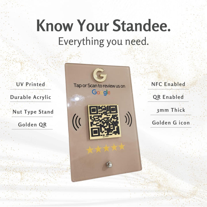 tinydabba NFC & QR Tap or Scan Standee for Business | Shops, Clinics, Salons, Restaurants | Golden QR With Integrated NFC - Acrylic Standee