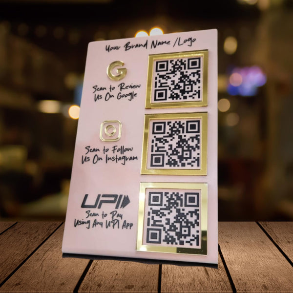 tinydabba Custom Combo 3-in-1 Standee | QR Enabled | Connect Review, Instagram, UPI QR | 5x8 Inch Golden Premium With 3 QR