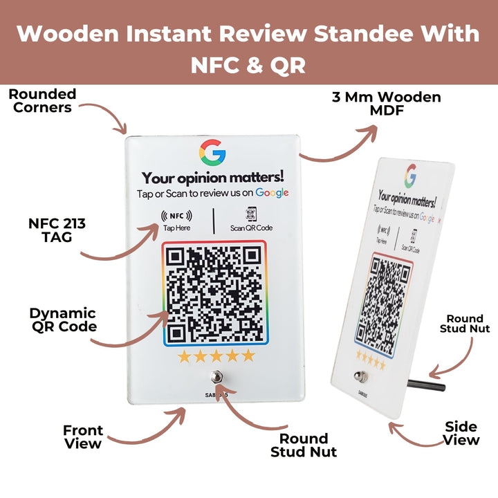 Wooden (White Printed) Review NFC Standee with QR Code | Boost Business Reviews with Tap or Scan | Pre-Configured | UV Printed Acrylic | 4 Inches x 6 Inches | With Dashboard | Only for Indoor Use