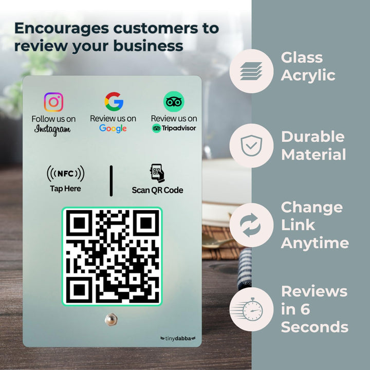 Instgram + Review + tripadvisor 3-in-1 combo NFC Standee with QR Code | Boost Business Reviews with Tap or Scan | Pre-Configured | UV Printed Acrylic | 4 Inches x 6 Inches | With Dashboard