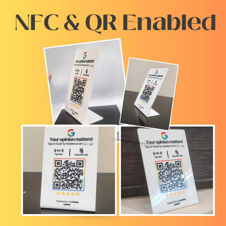 tinydabba L-shaped NFC and QR review standee for review | 2mm acrylic | UV printed | 4x6 inch | easy setup with online panel