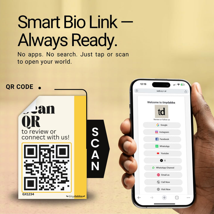 tinydabba Dynamic QR Code Stickers – Set of 5 Customizable 2x3 Inches Stickers with Dashboard – Scan to Connect, Review, Bio Links for Shops, Packaging, Restaurants, Offices