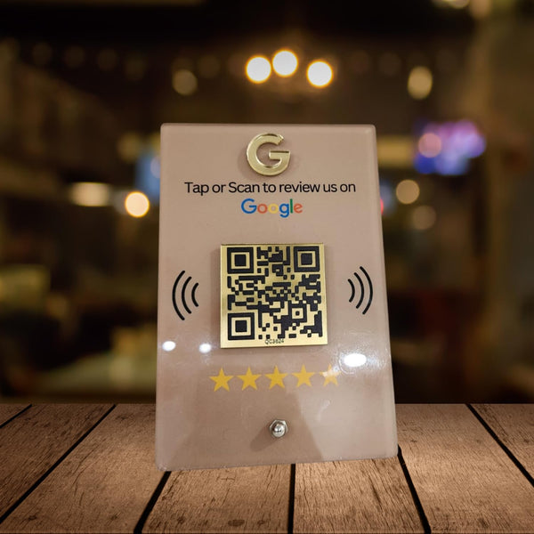 tinydabba NFC & QR Tap or Scan Standee for Business | Shops, Clinics, Salons, Restaurants | Golden QR With Integrated NFC - Acrylic Standee