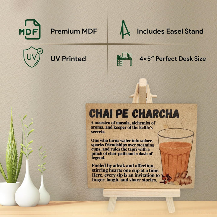tinydabba Wooden Chai Pe Charcha Plaque with Easel – Tea Lover Gift (4×5 Inches) – Desk Decor for Chai Vendors, Coffee Shops, and Cafe Ambiance
