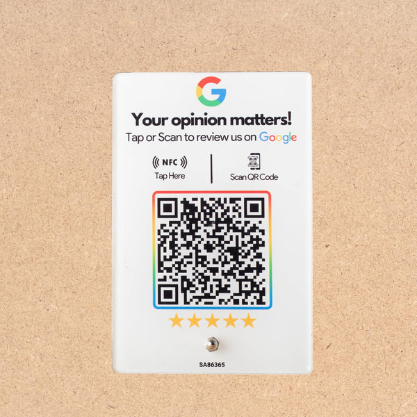 Wooden (White Printed) Review NFC Standee with QR Code | Boost Business Reviews with Tap or Scan | Pre-Configured | UV Printed Acrylic | 4 Inches x 6 Inches | With Dashboard | Only for Indoor Use