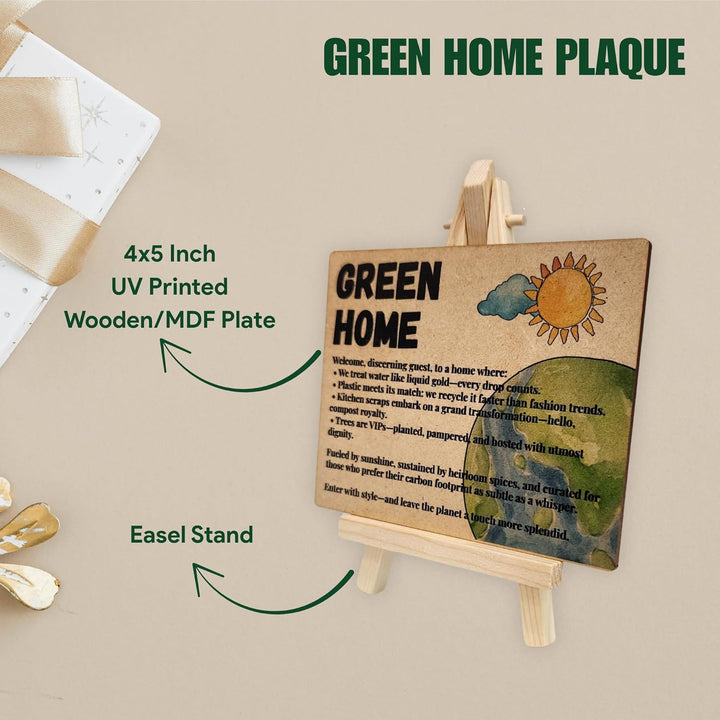 tinydabba Wooden Green Home Plaque with Easel – Sustainability-Inspired Decor (4×5 Inches) – Eco-Conscious Tabletop Sign for Environmentally Minded Homes