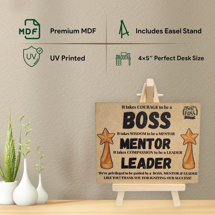 tinydabba Wooden Desk Plaque with Easel – BOSS MENTOR LEADER Gift Plaque (4×5 Inches) – Thank You Appreciation Gift for Managers, Coaches, and Team Leaders