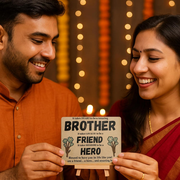 tinydabba all-in-one Rakhi Gift Combo for Brother | Wooden Plaque, Long Dori Rakhi, NFC Best Brother Card, Magnetic Badge, Roli Chawal Chandan | Raksha Bandhan Gift Box for Bhai