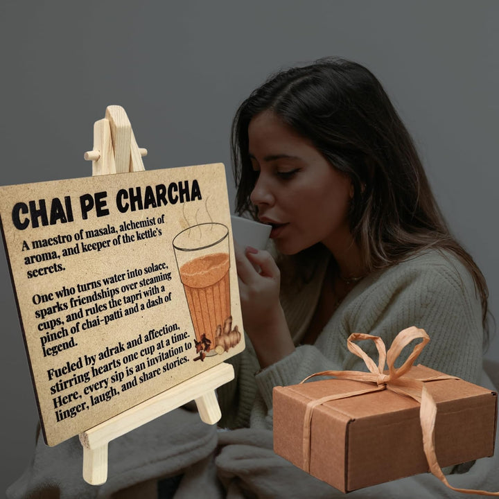 tinydabba Wooden Chai Pe Charcha Plaque with Easel – Tea Lover Gift (4×5 Inches) – Desk Decor for Chai Vendors, Coffee Shops, and Cafe Ambiance