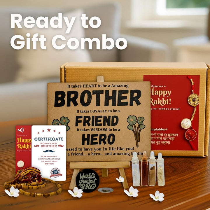 tinydabba all-in-one Rakhi Gift Combo for Brother | Wooden Plaque, Long Dori Rakhi, NFC Best Brother Card, Magnetic Badge, Roli Chawal Chandan | Raksha Bandhan Gift Box for Bhai