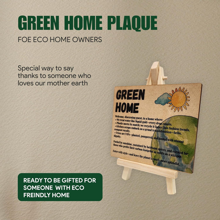 tinydabba Wooden Green Home Plaque with Easel – Sustainability-Inspired Decor (4×5 Inches) – Eco-Conscious Tabletop Sign for Environmentally Minded Homes