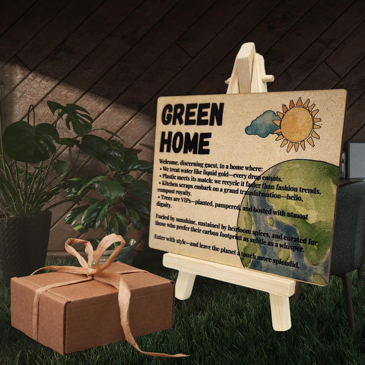 tinydabba Wooden Green Home Plaque with Easel – Sustainability-Inspired Decor (4×5 Inches) – Eco-Conscious Tabletop Sign for Environmentally Minded Homes