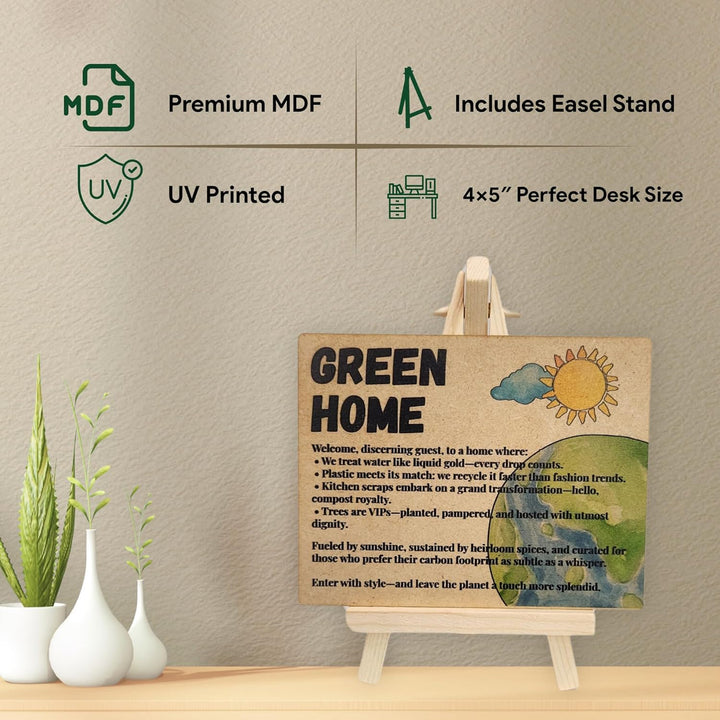 tinydabba Wooden Green Home Plaque with Easel – Sustainability-Inspired Decor (4×5 Inches) – Eco-Conscious Tabletop Sign for Environmentally Minded Homes