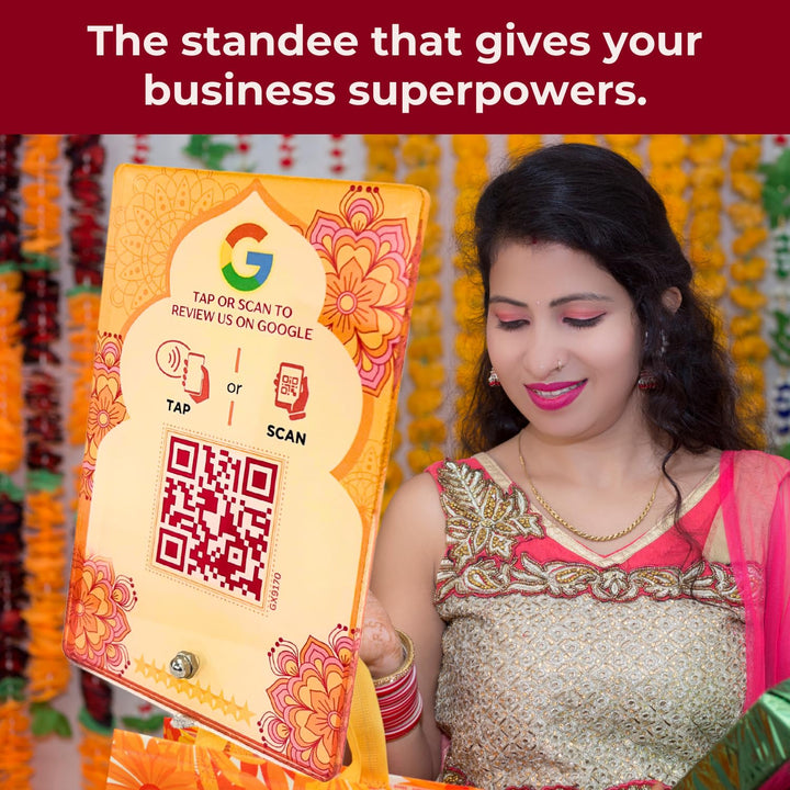 Diwali Edition Review NFC Standee with QR Code | Boost Business Reviews with Tap or Scan | Pre-Configured | UV Printed Acrylic | 4 Inches x 6 Inches | With Dashboard