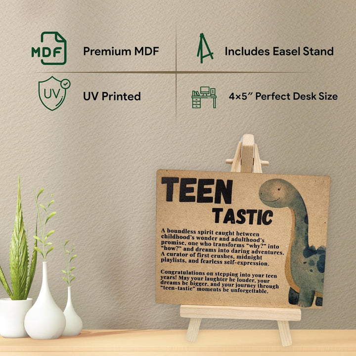 tinydabba Wooden Teen Gift Plaque with Easel – Teen-Tastic Desk Decor (4×5 Inches) – Celebratory Inspirational Message for New Teens | Teenage Gift | Teen Birthday