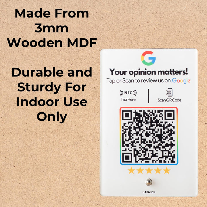 Wooden (White Printed) Review NFC Standee with QR Code | Boost Business Reviews with Tap or Scan | Pre-Configured | UV Printed Acrylic | 4 Inches x 6 Inches | With Dashboard | Only for Indoor Use